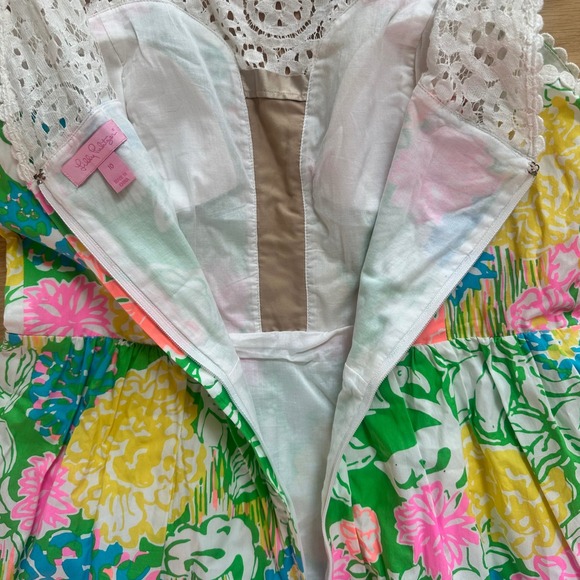 Lilly Pulitzer Raegan Hibiscus Stroll Print Lace Inset Fit & Flare Dress Size 10 - Picture 6 of 10